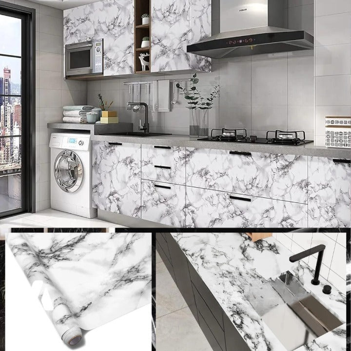 Self Adhesive White Marble Sheet Sticker For Kitchen, Cupboard, Wall – Size 60x200