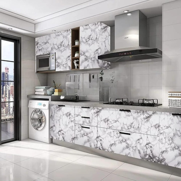 Self Adhesive White Marble Sheet Sticker For Kitchen, Cupboard, Wall – Size 60x200