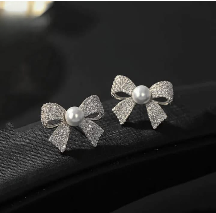 Korean Elegant Zircon Bow Style Earrings Pearl Style Bow Earrings For Girls
