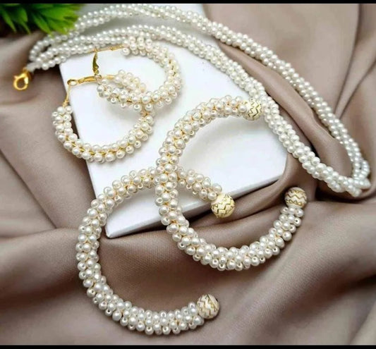 Women Pearl Elegant Jewellery Set ,kangan, Mala & Earrings Pearl Set(white)