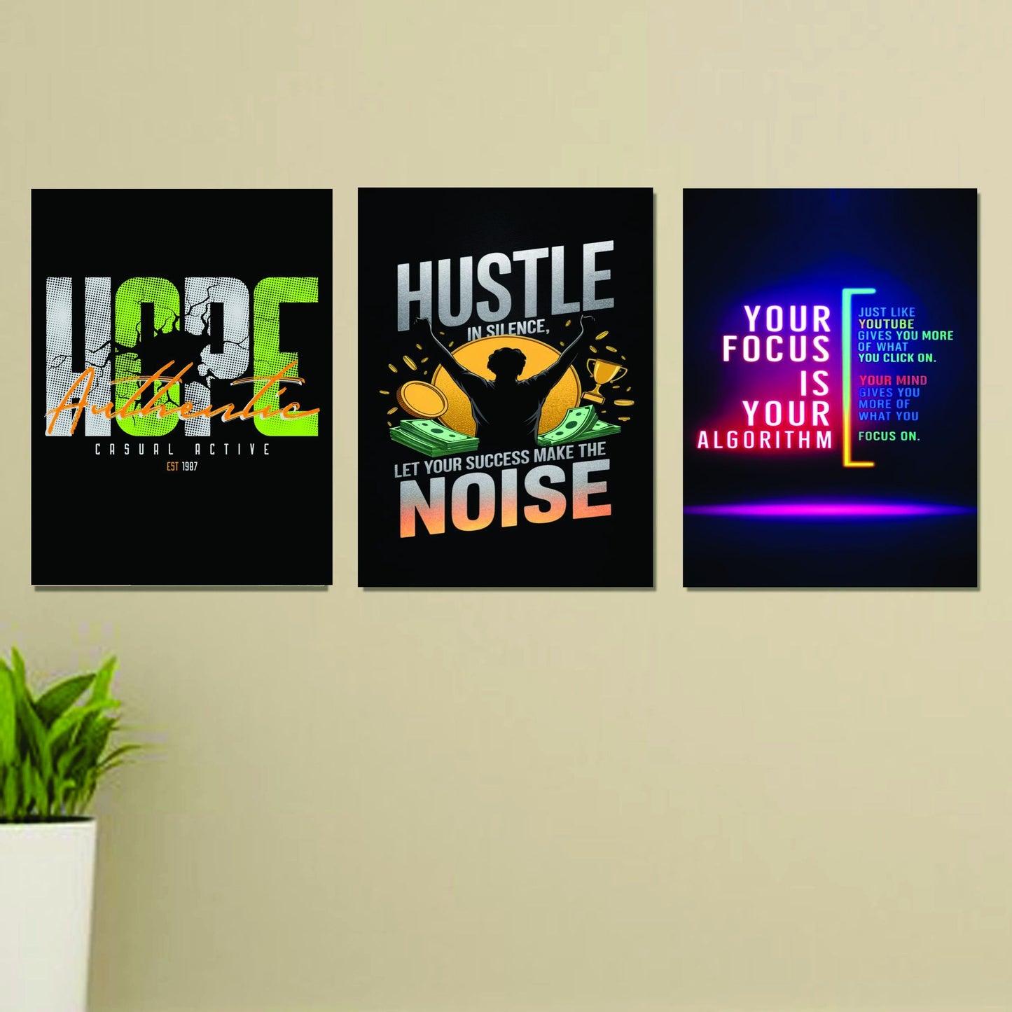 Set Of 3 Motivational Sticky Canvas Frames For Wall Decor