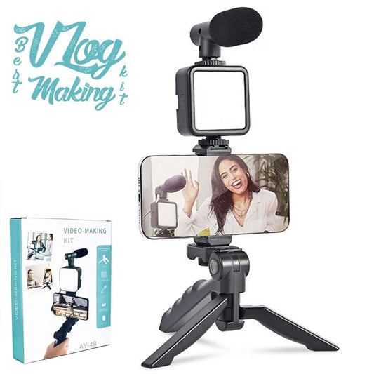 Ay-49 V-logger Video Making Kits Vlog Microphone Led Fill Light Mini Tripod Mobile Holder