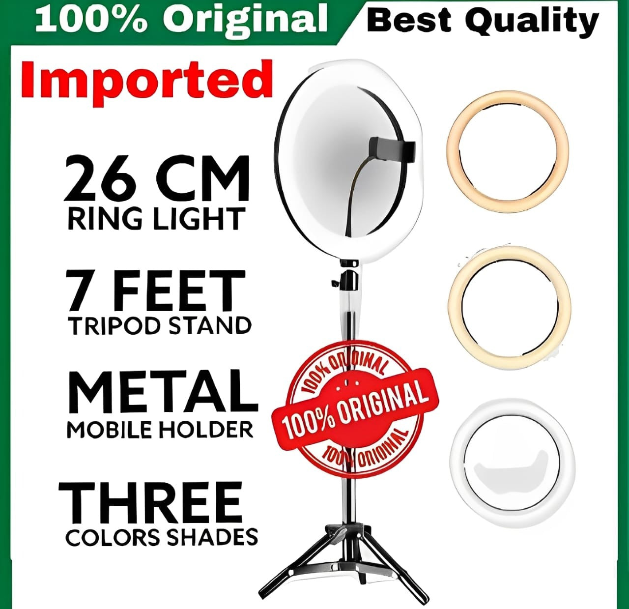 26cm Led Ring Light With Mobile Holder, 7ft Tripod Stand, 3 Light Colours For Videography And Photography