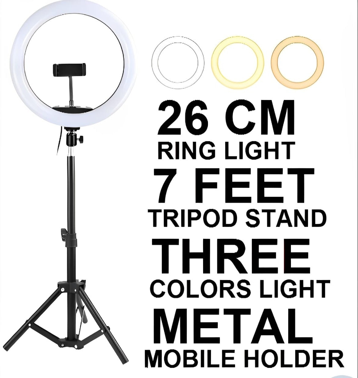 26cm Led Ring Light With Mobile Holder, 7ft Tripod Stand, 3 Light Colours For Videography And Photography