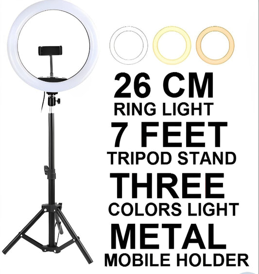 26cm Led Ring Light With Mobile Holder, 7ft Tripod Stand, 3 Light Colours For Videography And Photography