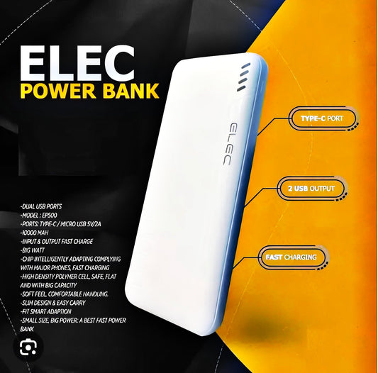 10,000mah Fast Charging Power Bank – White | Dual Type-a & Type-c Output